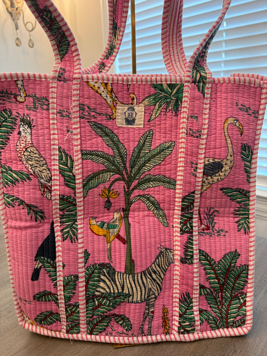 Palm Trees, Zebras and Leopards on Pink Quilted Bag