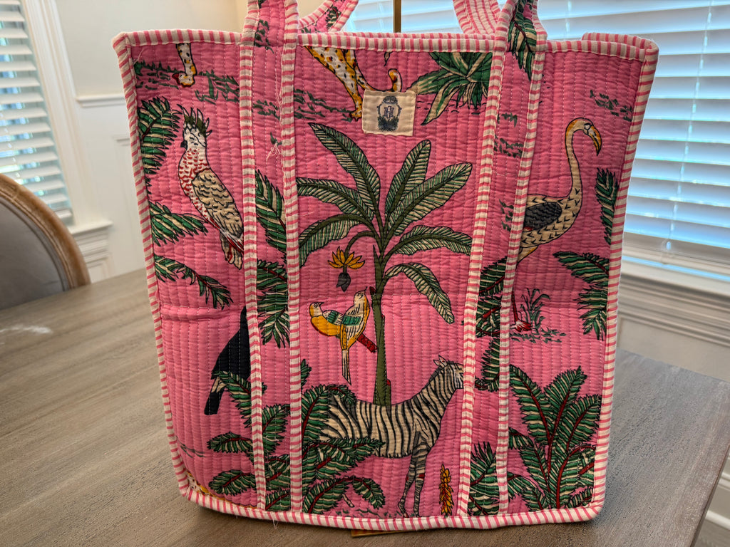 Palm Trees, Zebras and Leopards on Pink Quilted Bag