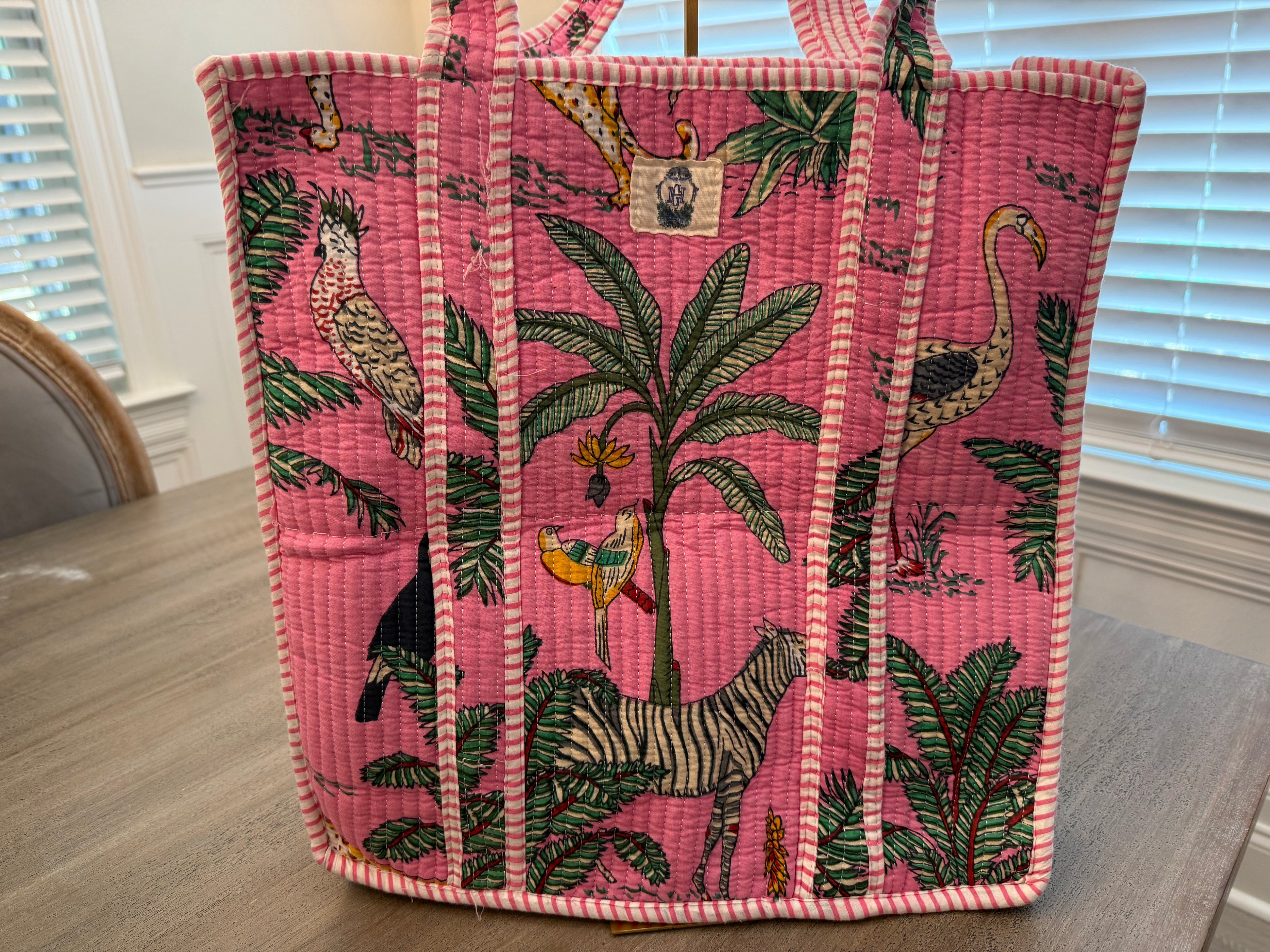 Palm Trees, Zebras and Leopards on Pink Quilted Bag