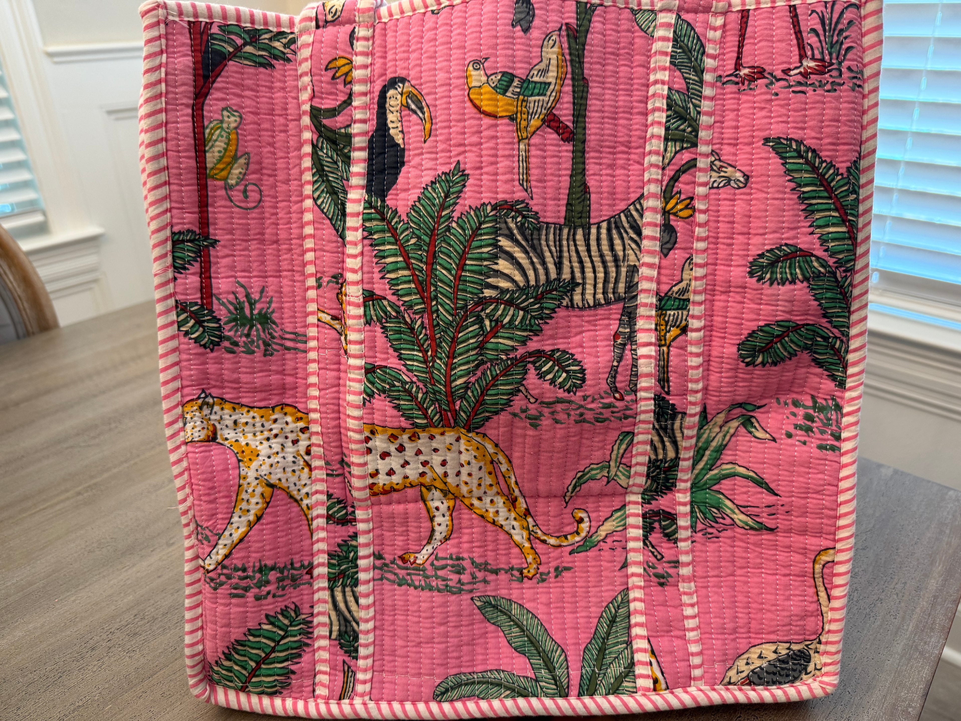 Palm Trees, Zebras and Leopards on Pink Quilted Bag